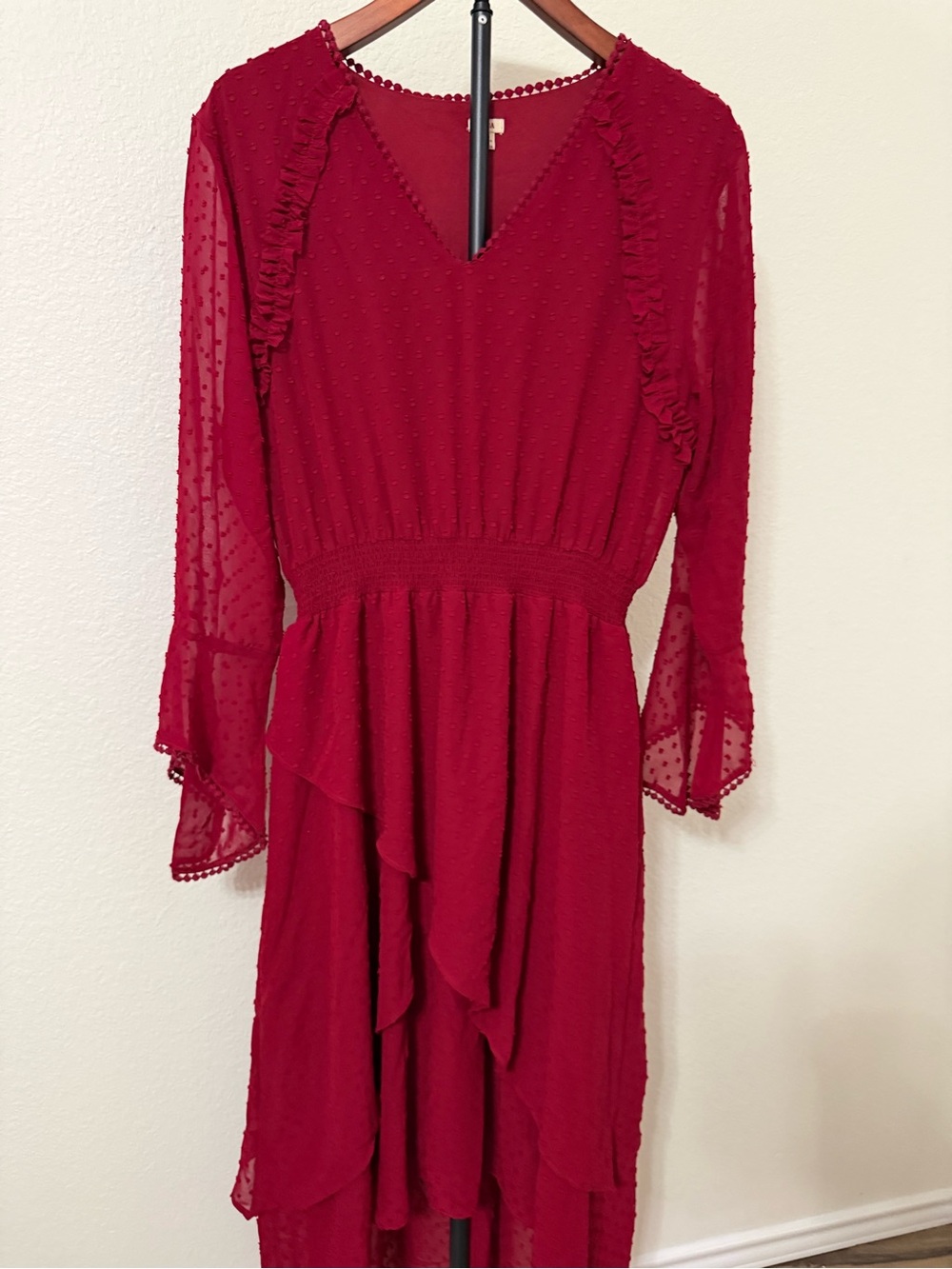 Reba Burgundy Ruffled V-Neck Long Sleeve Dress